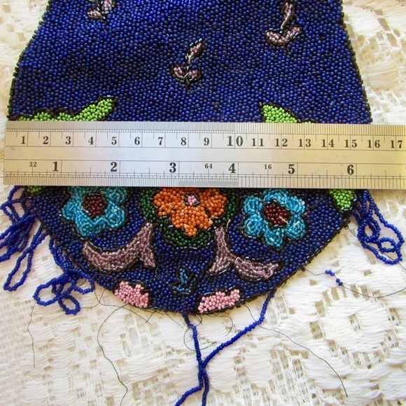 seed-bead Victorian antique handbag in radiant navy with florals ... hand-stitch - Picture 6 of 13